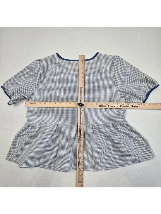 Blue Checkered Short Sleeve Peplum Blouse Large V-Neck Cottage Core - Picture 3 of 3